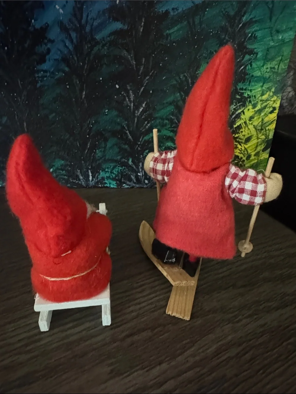 German, Santa on Sled and Skiing Nome, Classic Holiday, VTG.